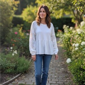 Free People White Lace Sleeve Blouse